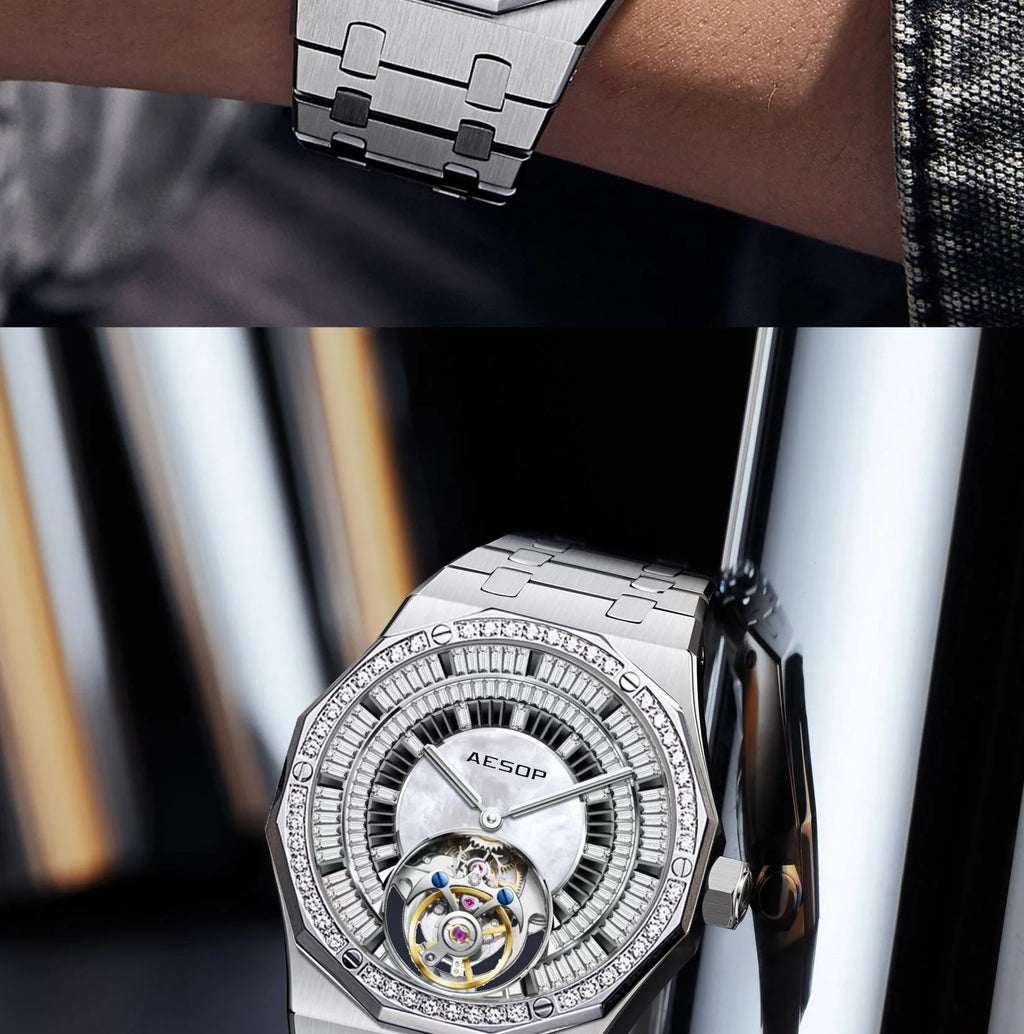 AESOP Automatic Tourbillon Mechanical Skeleton Watch For Man Watches Waterproof Wristwatches Sapphire Mirror Diamond luxury new