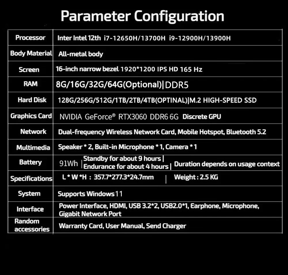 Gaming Laptop 16 inch Intel Core i9-12900H NVIDIA RTX 4060 8G 64GB RMD 4TB SSD DDR4 Windows 11 HD Camera WiFi6 Portable Computer