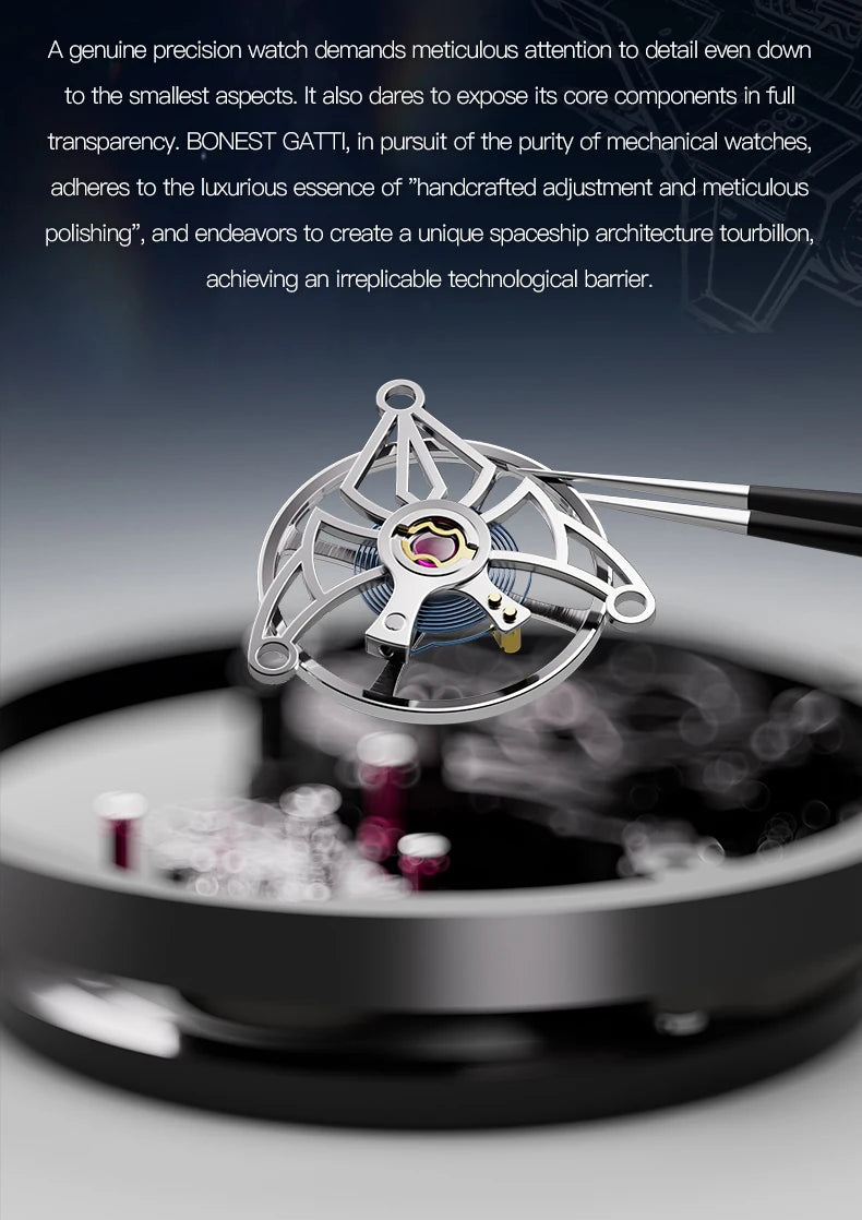 BONEST GATTI Luxury Skeleton Tourbillon Watch for Men K9 Crystal Case with Rainbow Bezel Automatic Mechanical Wristwatch