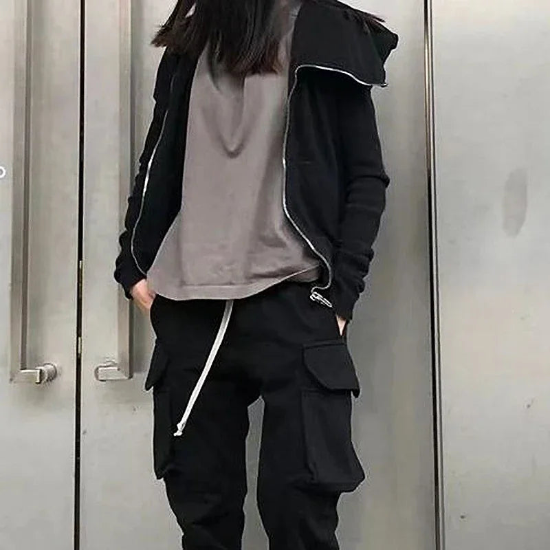Autumn Zipper Design Black Hoodies Men's Women's Sportswear Jacket American Rock Hip Hop Street Wear Elastic Knitted Coats