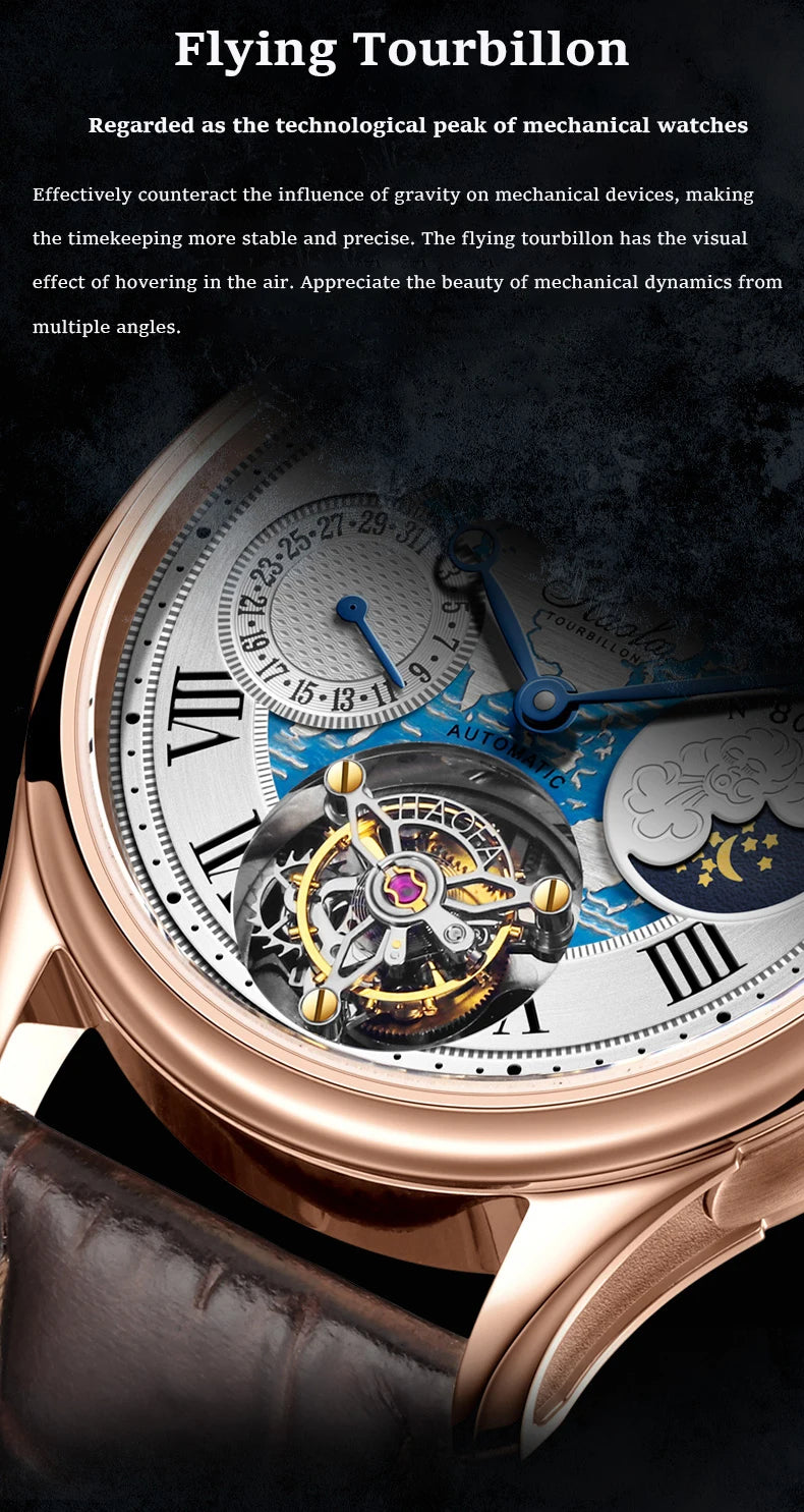 Haofa Automatic Flying Tourbillon Movement Watch Man Luxury Sapphire Skeleton Moon Phase Complete Calendar Watches For Men 8003
