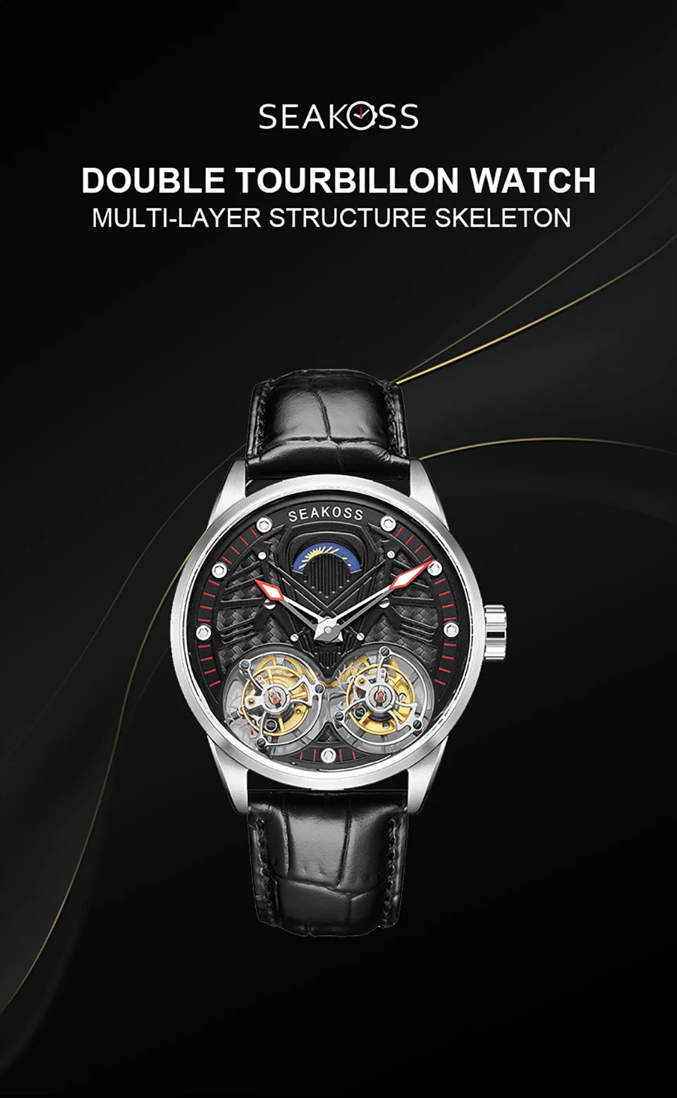 SEAKOSS Luxury Skeleton Men's Tourbillon Manual Mechanical Watches Double Tourbillon Luminous Hands Watch for Men Sapphire Glass