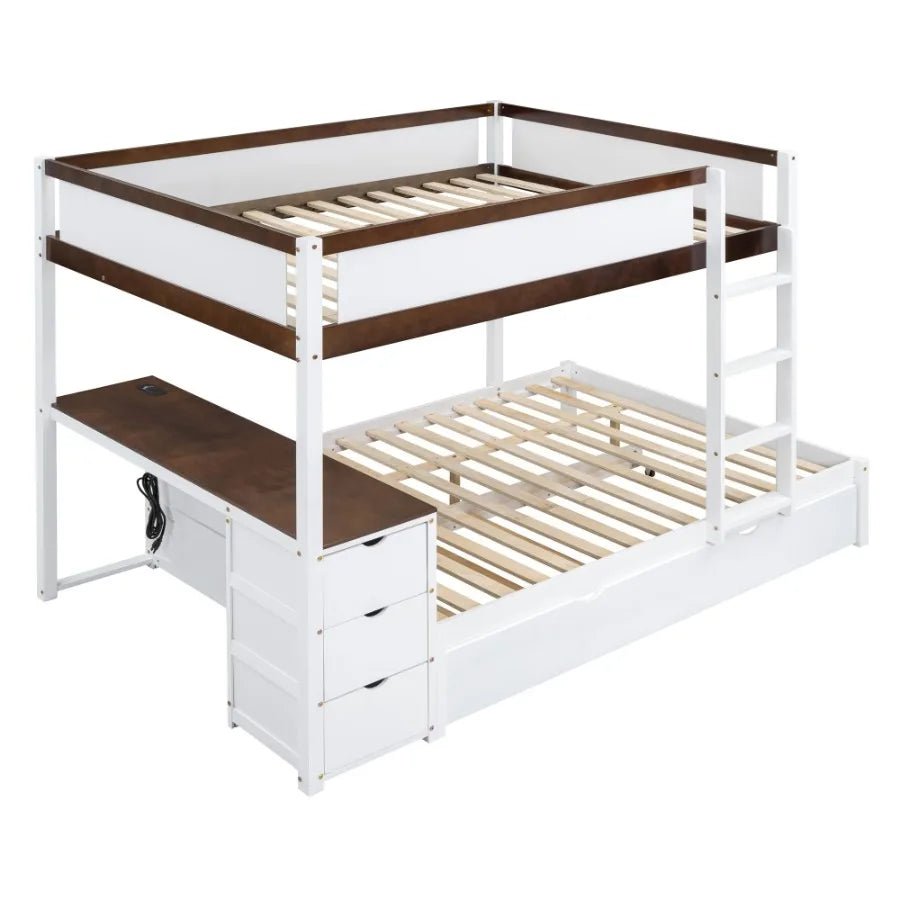 Full-Over-Full Bunk Bed with Twin size Trundle Storage and Desk White+Walnut
