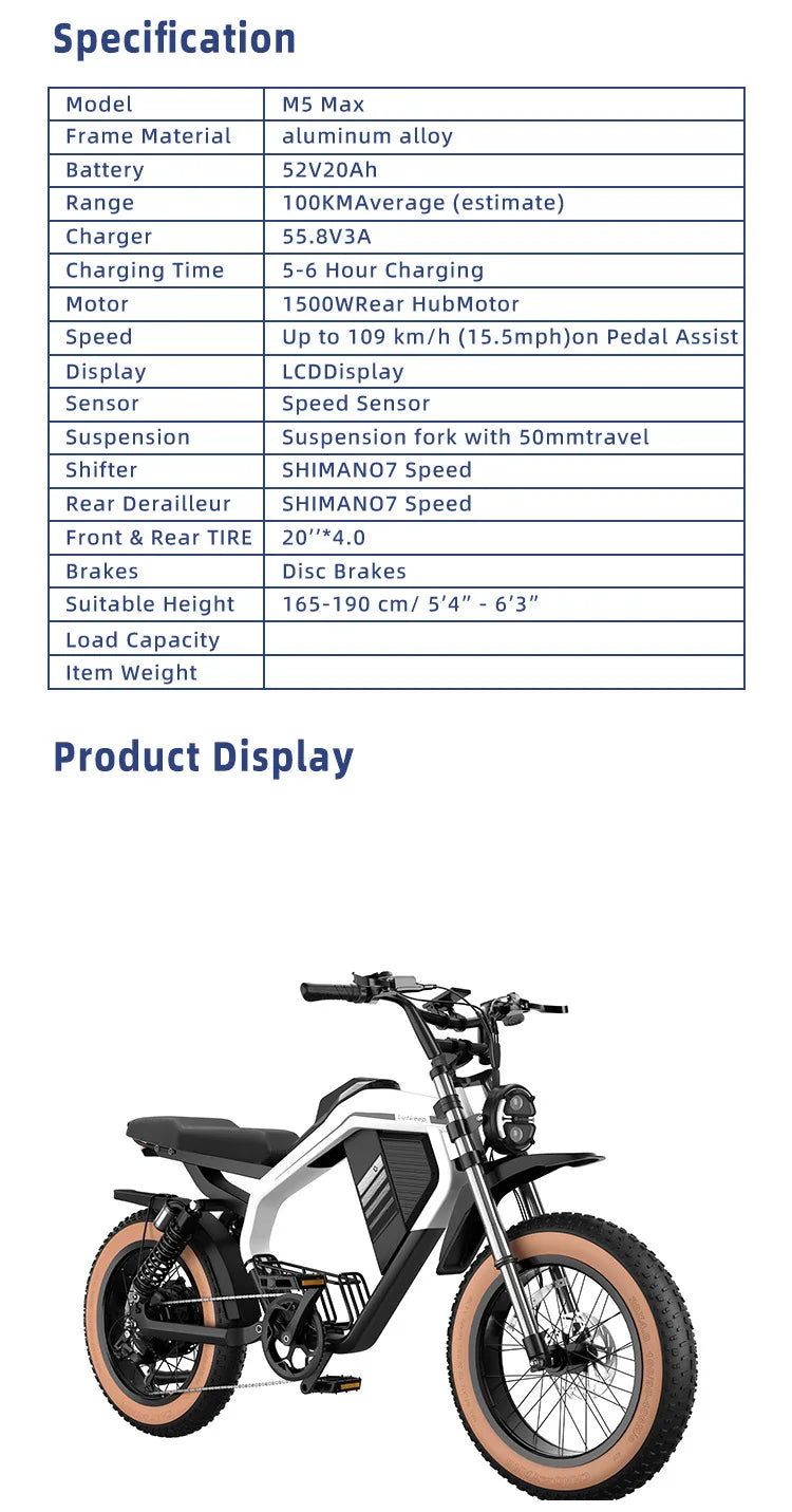 E-Bike 1500W Motor 52V20AH All-terrain Fully Suspended Off-road Motorcycle Electric Bike 20*4.0-inch Fat Tire  Electric Bicycle
