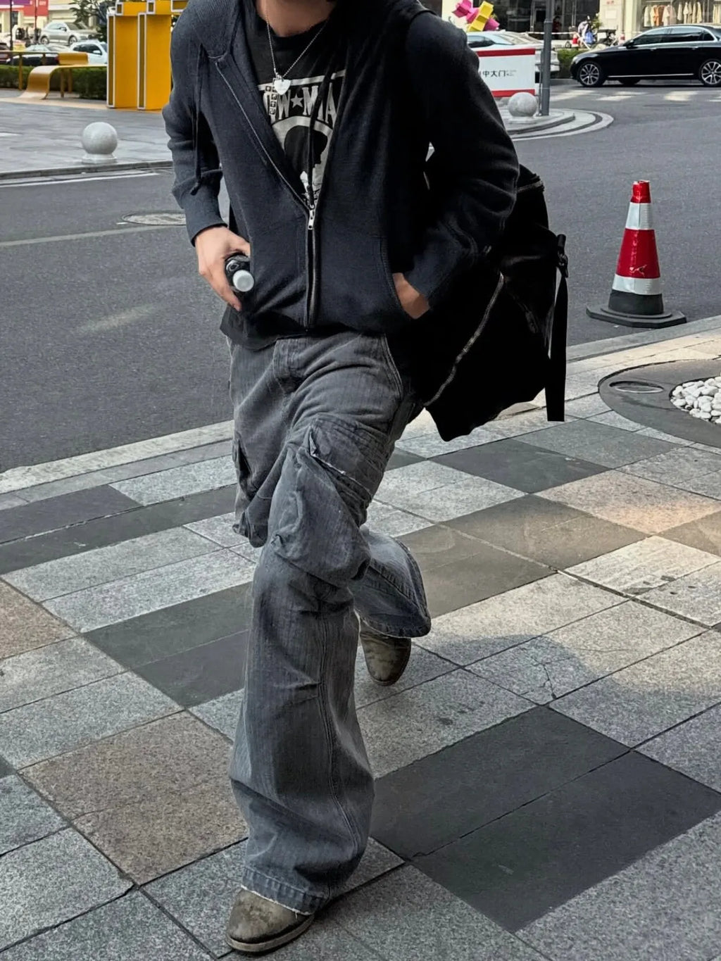 No faith studios herringbone twill grey ripped patch paint multi-pocket overalls