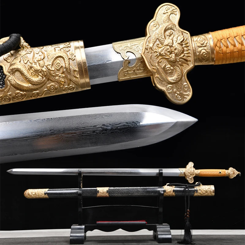Premium Chinese Han Sword Folded Steel Damascus Blade Sharp Real Full Size Rayskin Scabbard Ready Battle Kongfu Dragon Katanas