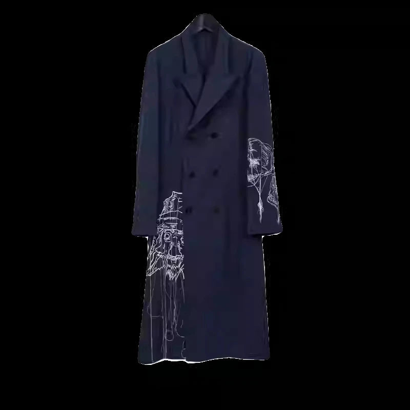 TOP-YAMAMOTO Japanese original design Dark and niche black embroidered trousers, triacetate trench coat