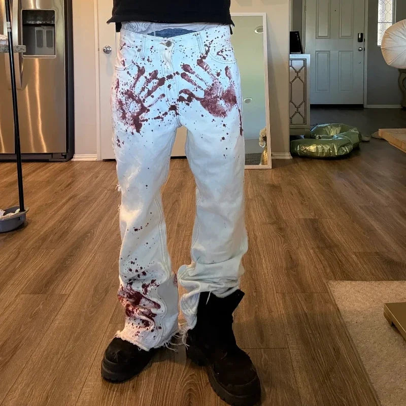 American Retro Horror Blood Hand Halloween Jeans Men's and Women's Y2K New Popular Harajuku Hip-Hop Gothic Loose Street Clothes