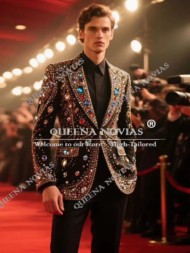 Customized Stones Beaded Wedding Suit For Men 2 Pieces Sets Costume Homme Groom Tuxedo Single Breated Slim Fit Male Party Blazer