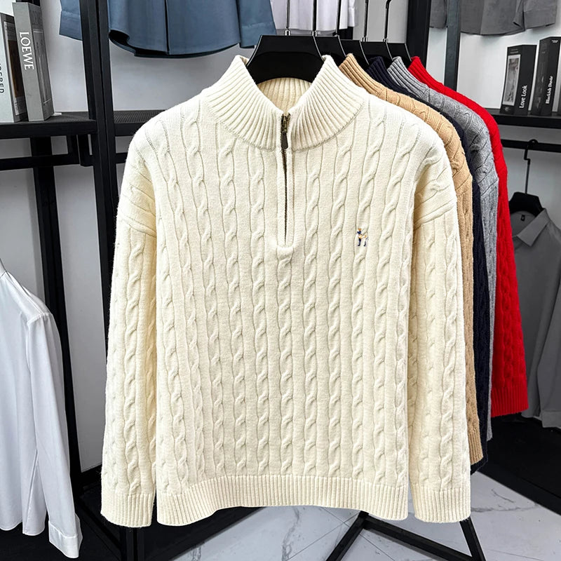 High end brand fashion jacquard sweater cartoon dog embroidery zipper semi high neck autumn winter warm men's knitted pullover