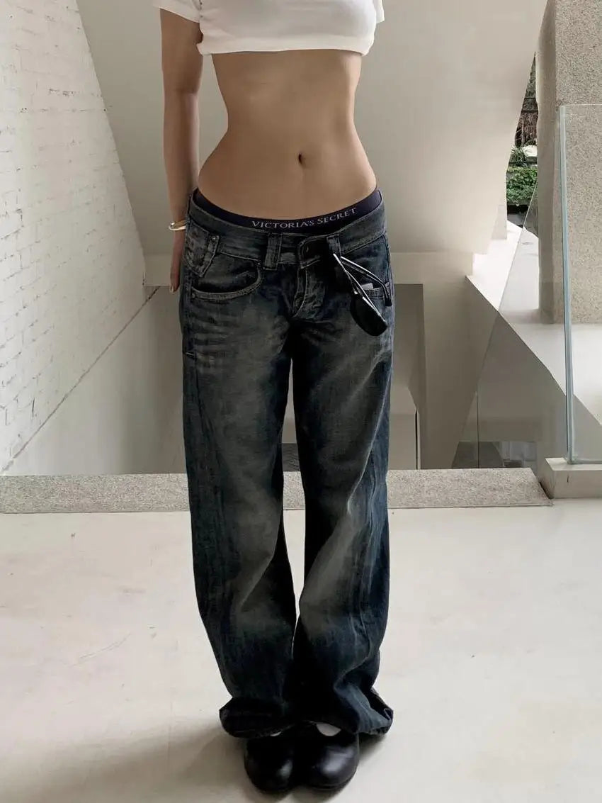 2025 Autumn Women's Blue Y2k Baggy Jeans Harajuku Japanese 2000s Style Denim Trousers American Vintage Jean Pants Trashy Clothes
