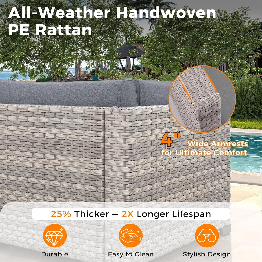 6-Seat Outdoor Wicker Sectional Sofa Set with Thick 4-Inch Cushions Dual-Strand PE Rattan Customizable Modular Patio Furniture