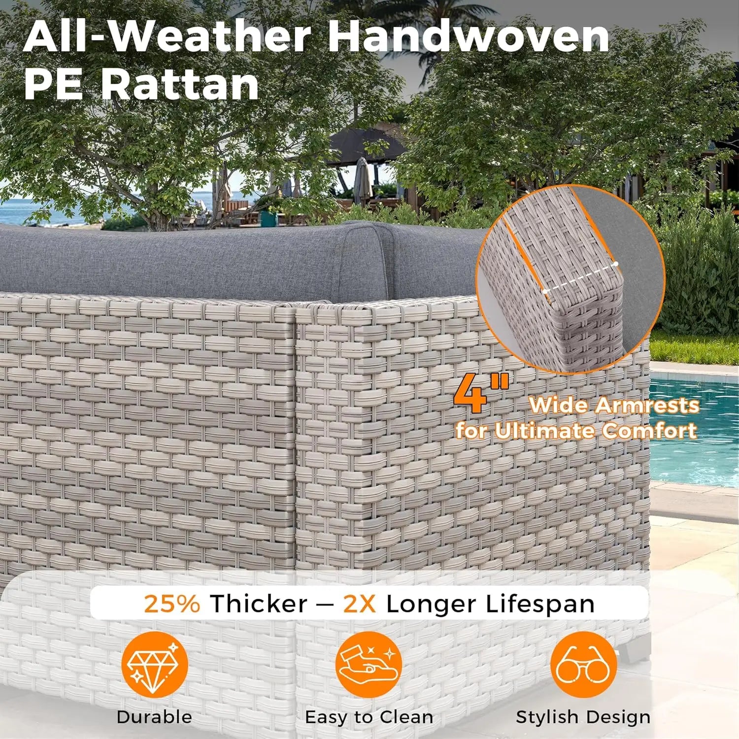 6-Seat Outdoor Wicker Sectional Sofa Set with Thick 4-Inch Cushions Dual-Strand PE Rattan Customizable Modular Patio Furniture