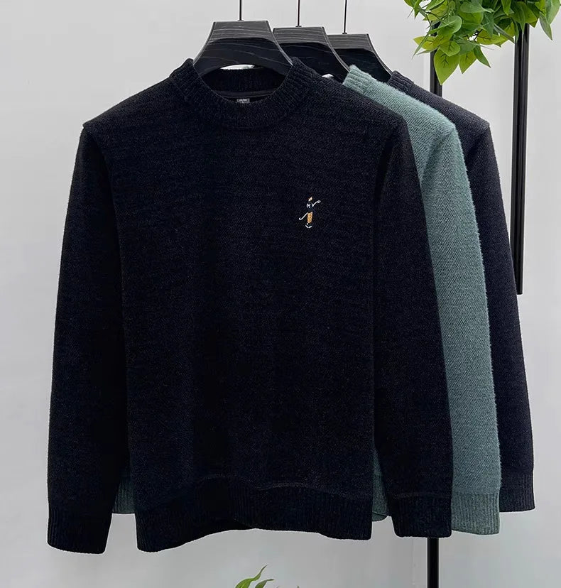High quality men's round neck knitted sweater autumn winter new Korean style fashion cartoon embroidery thick casual pullover