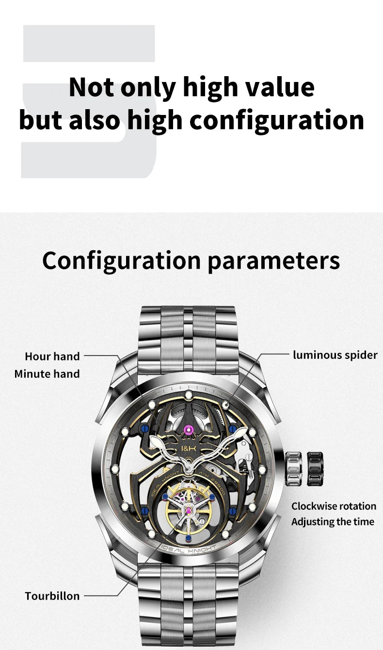 Ideal Knight Automatic Mechanical Watch for Men Hollow out Spider Design   Flywheel Movement Sapphire Mirror Men's Watches