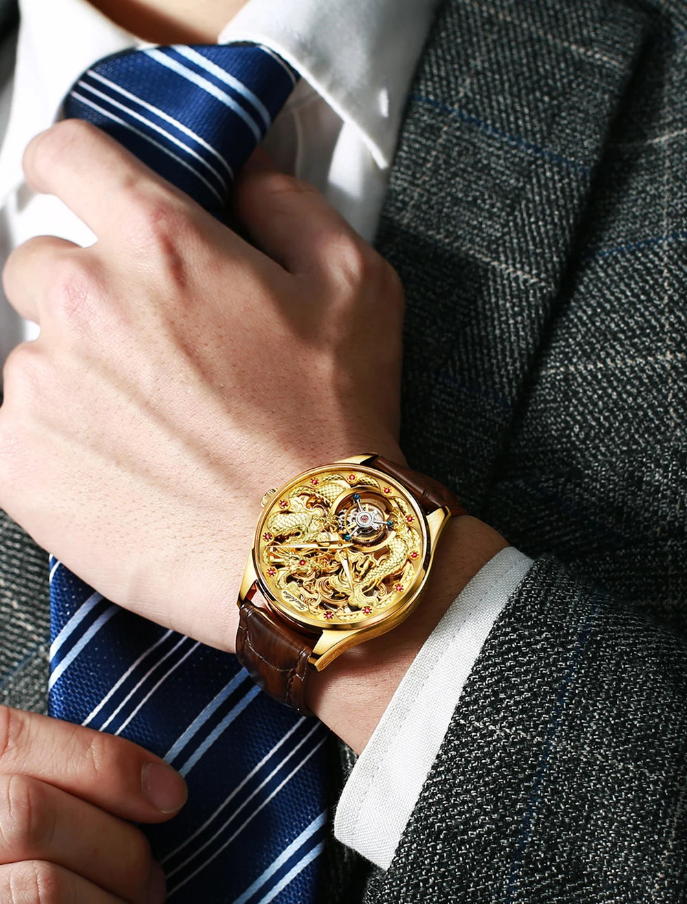 OUPINKE 3176 Original Tourbillon Automatic Movement Men's Watch Leather Strap Waterproof 3D Golden Dragon Fashion Watch Man