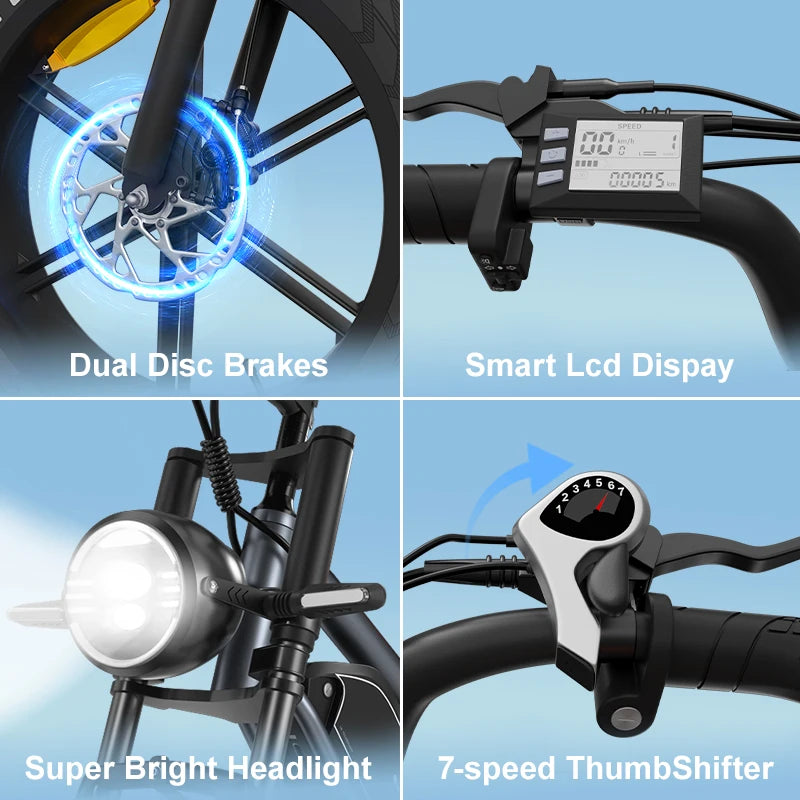 750W brushless DC adult electric bicycle, 48V 14Ah detachable battery 5-speed 20 "x 4.0mm thick tires suitable adult riding mult
