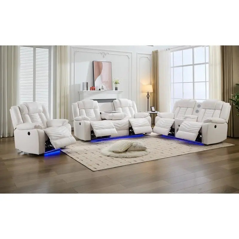 Power Reclining Sofa Set, 3-Piece Tech Leather Loveseat with Wireless Charger and LED Strip for Living Room, White Color