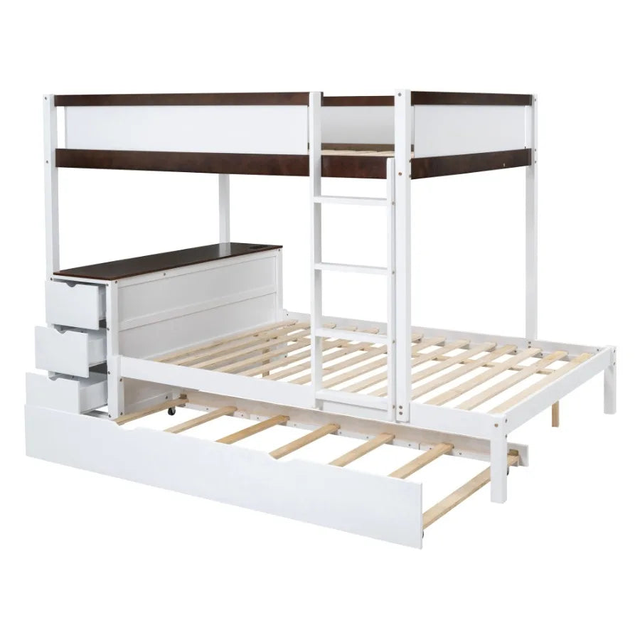 Full-Over-Full Bunk Bed with Twin size Trundle Storage and Desk White+Walnut