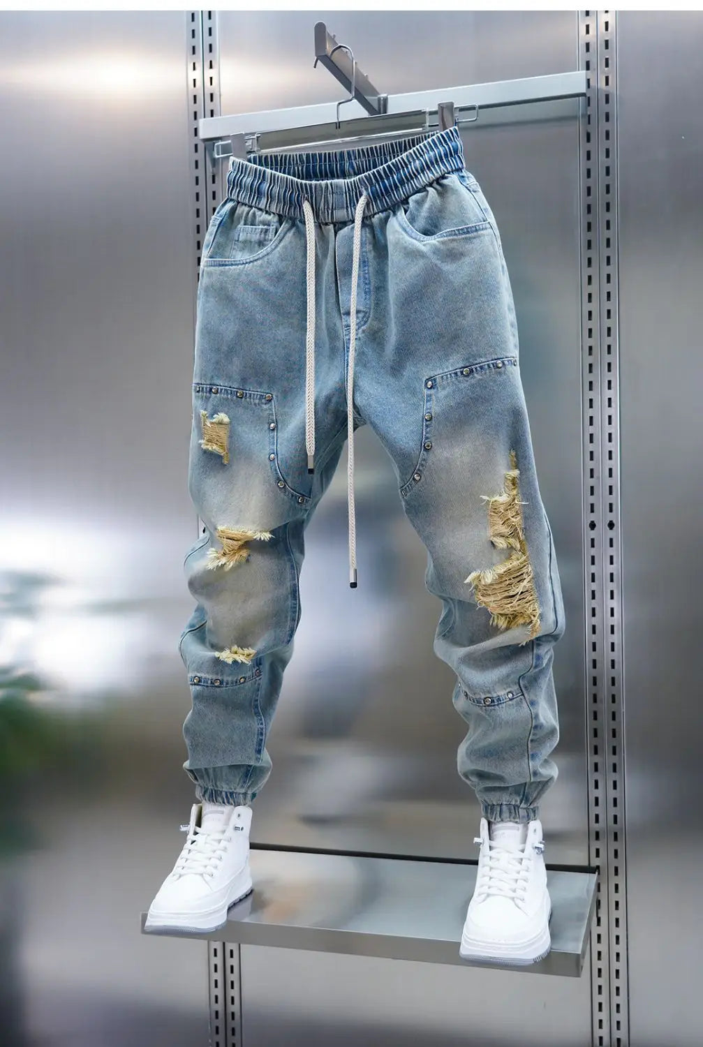Men's distressed ripped drawstring and cuffed jeans with rivet embellishments high-street slim-fit trousers brand men clothing