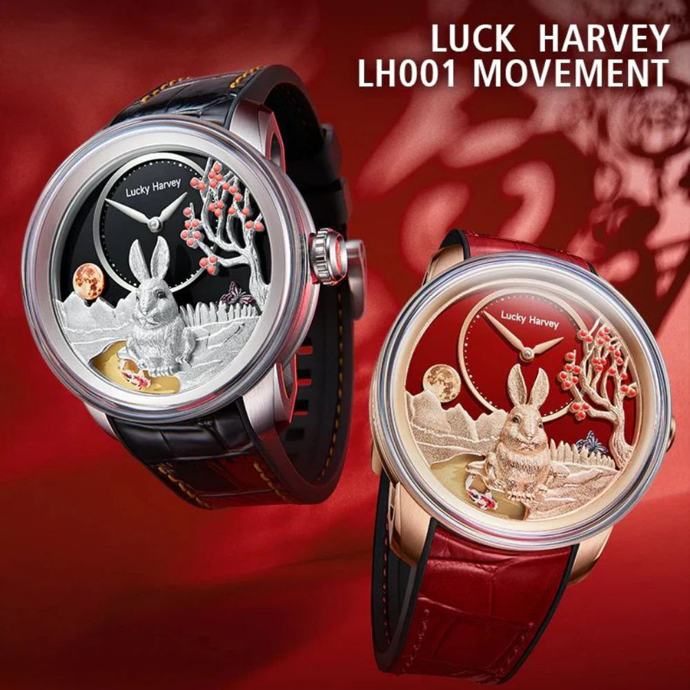 Lucky Harvey Limited Edition Automatic Mechanical Watches for Men Cute 3D Rabbit Dial Synthetic Sapphire Waterproof Wrist Watch