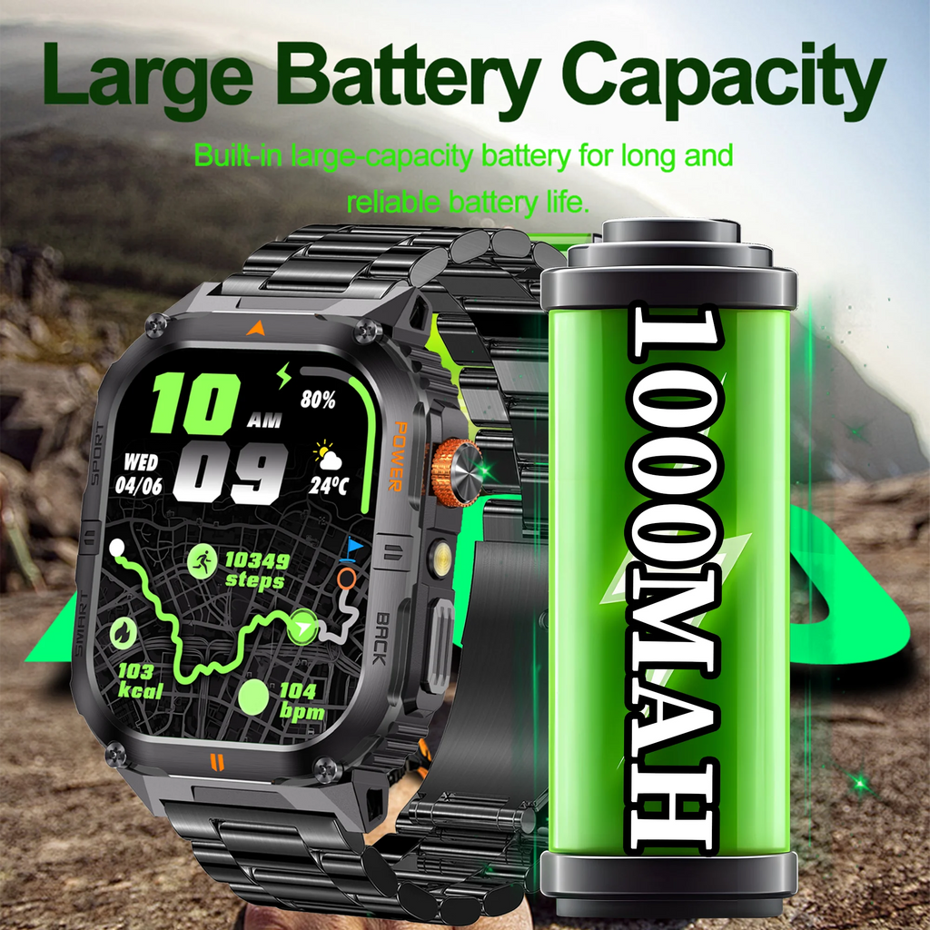New 1000mAh military outdoor smartwatch for men, LED flashlight, IP68 waterproof, GPS sports, 2.01-inch Bluetooth call smartwatc