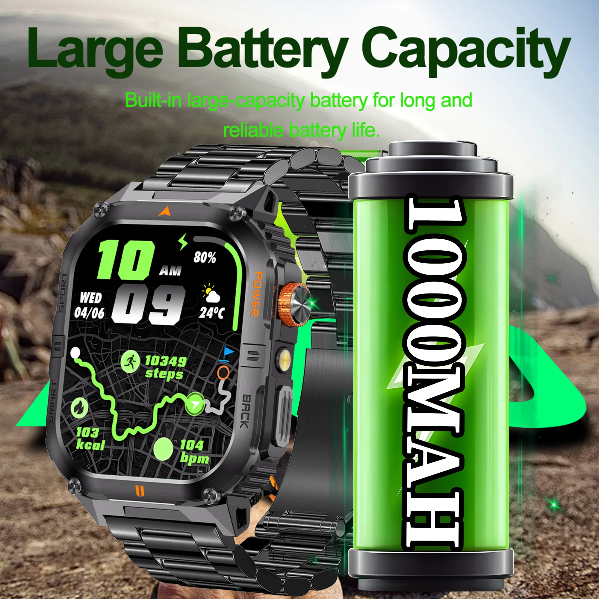 New 1000mAh military outdoor smartwatch for men, LED flashlight, IP68 waterproof, GPS sports, 2.01-inch Bluetooth call smartwatc