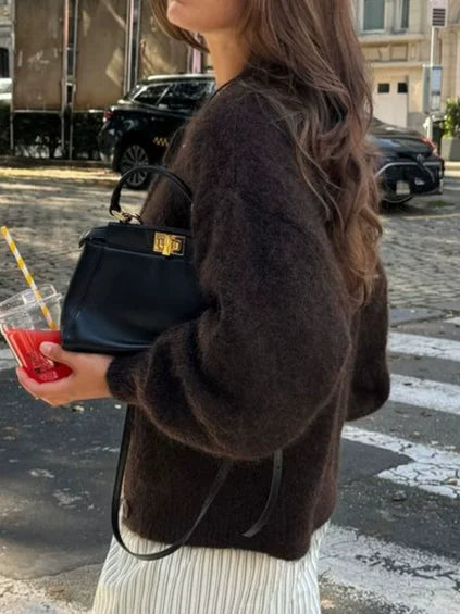 Women's Short Cardigan Autumn And Winter Round Neck Solid Color Stretch Round Neck Elegant Sweater Women Fashionable Casual Top