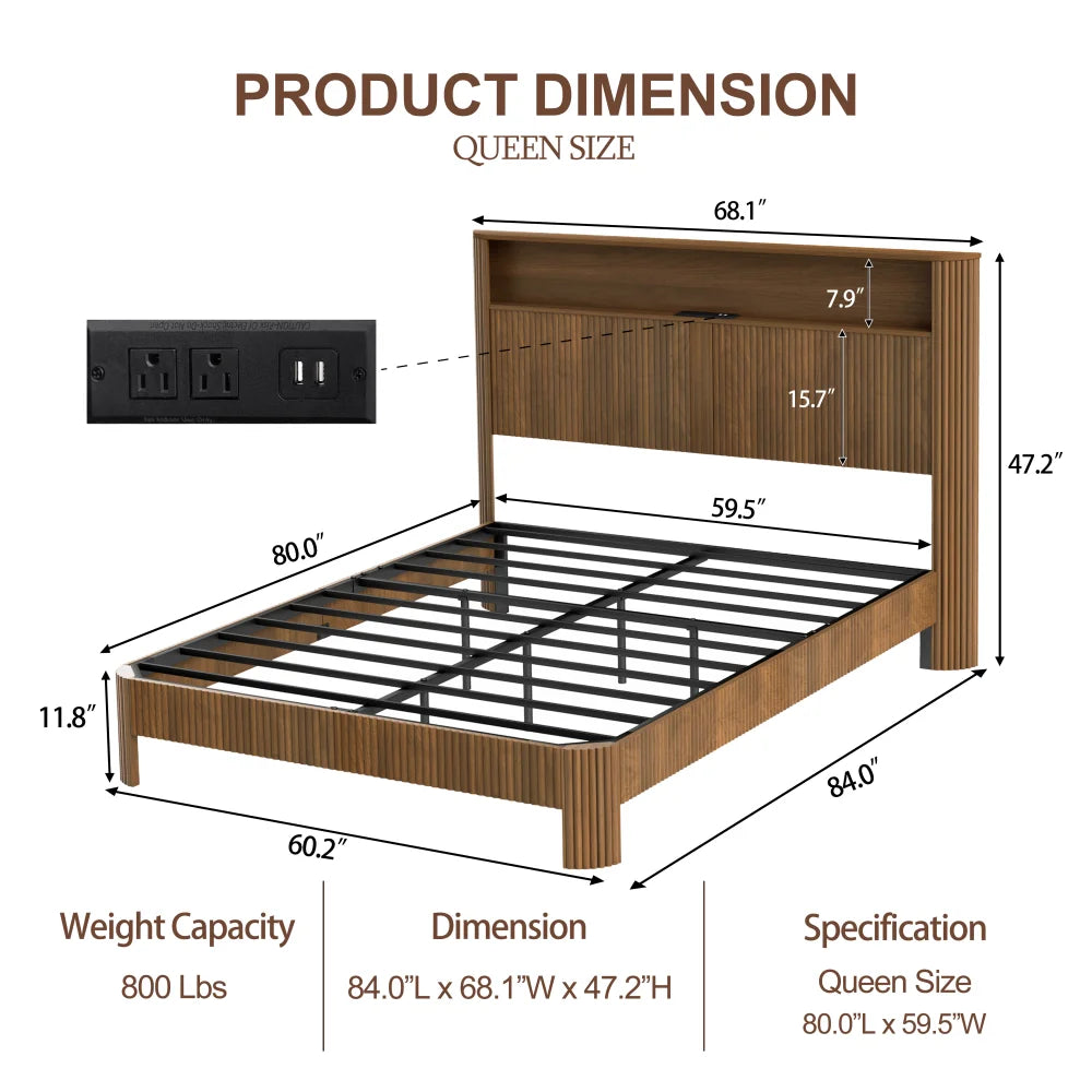 Queen-size slatted bed frame with storage, built-in charging ports, wave-shaped design, and metal support structure, Walnut