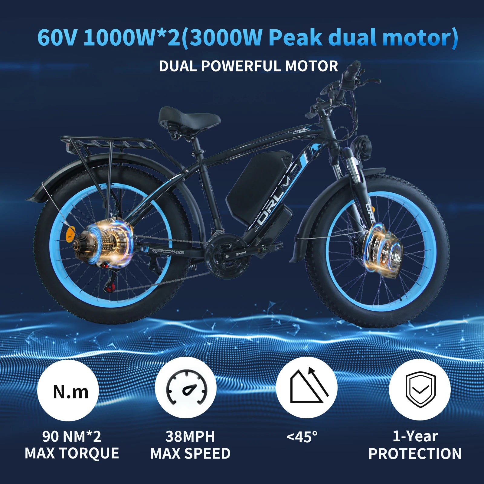 ORLMS TS60 Adult Electric Bicycle 1000W*2 Motor Men's E-bike  60V25AH Battery E-bike 26" Fat Tire Men's E-Mountain ebike