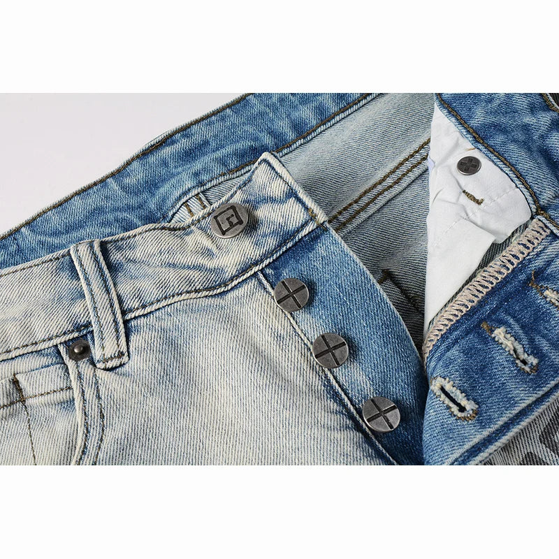 Men's High Street KSUBI Distressed Faded Blue Stretch Skinny Pattern Printing High Quality Button Fly Ripped Jeans Pants