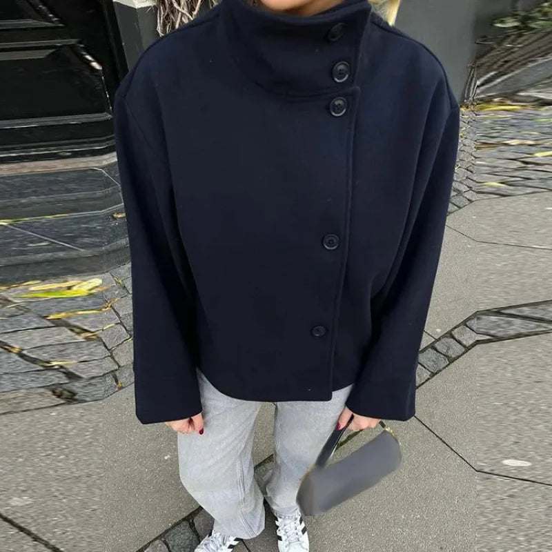 Urban Black Woolen Blend Coats Women Stand Collar Single-breasted Long Sleeve Thick Warm Jacket 2025 Autumn Winter Lady Outwear