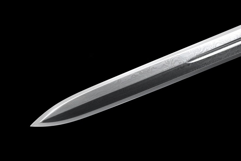 medieval Viking era samurai sword and a folded Damascus steel one-piece sword are ready for battle, handcrafted sharp weapons