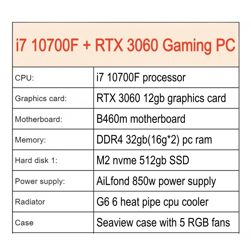 High Performance Rebuilt Gaming PC i7 10700F with  3060 Graphics Card Ram 32G 512GB SSD  Desktop PC Computer