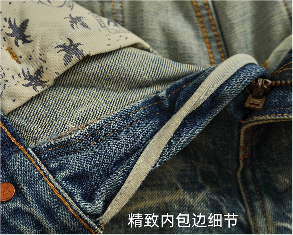 2025 Autumn New American Retro Heavyweight Ripped Denim Men's Fashion 100% Cotton Washed Old Straight Tapered Casual Jeans