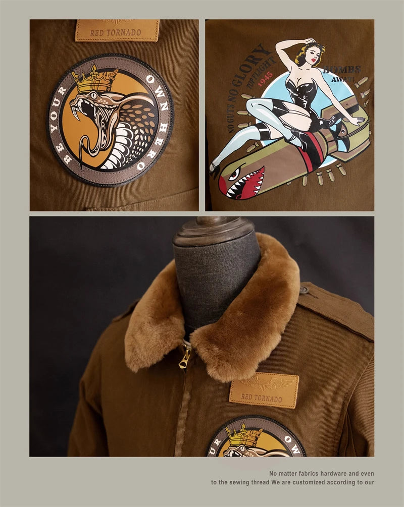 Red Tornado Type B-10 Bomber Flight Jacket With Patches Winter Mens Cropped Coat