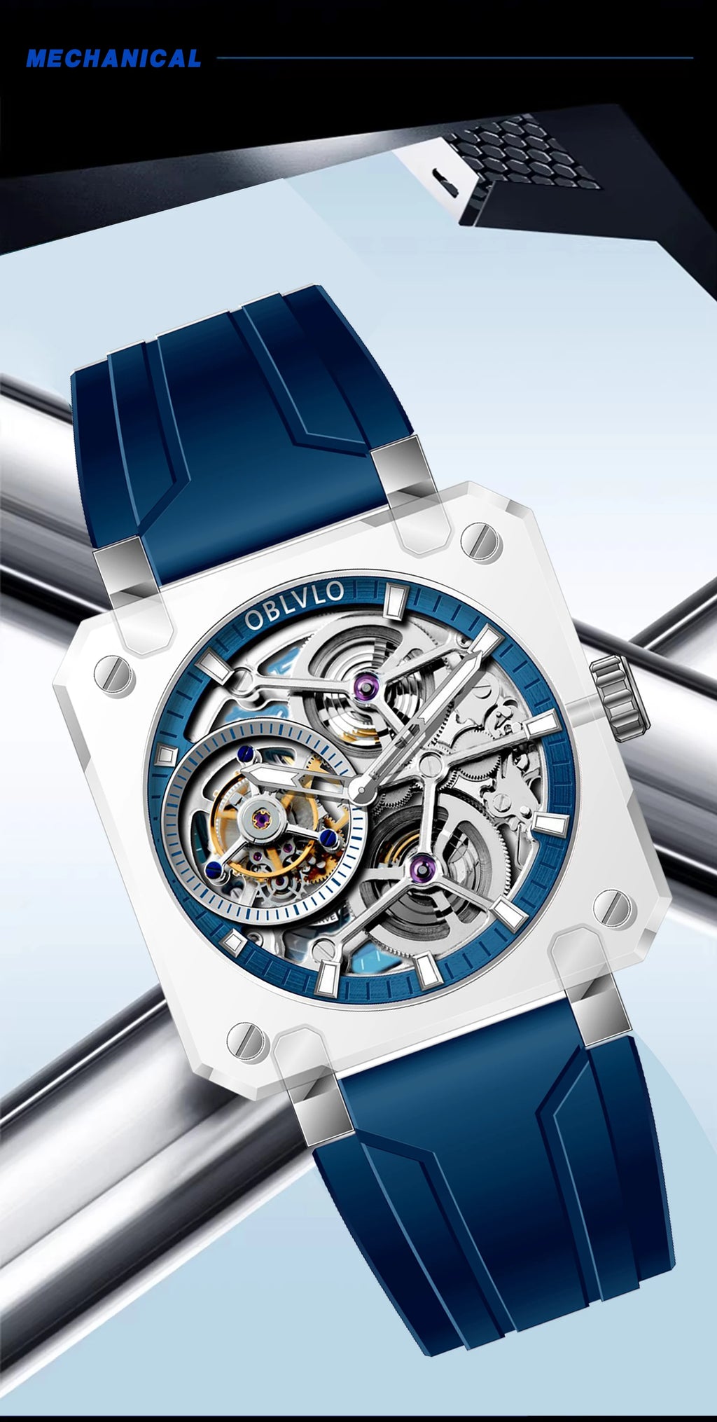 OBLVLO Men's Blue Skeleton Dial Tourbillon Automatic Watch Transparent Square Analog Display And Hollow-out Design BR-TB