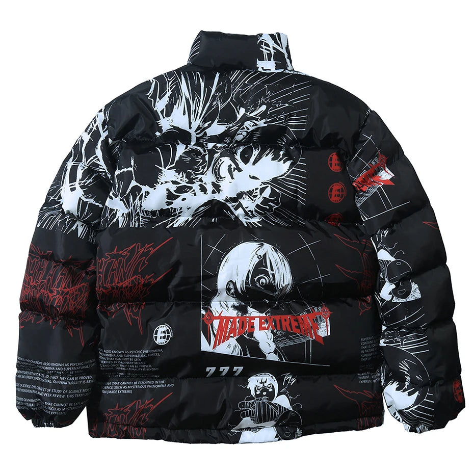 Streetwear Anime Printed Jacket Men Hip Hop Winter Parkas Coat Black Loose Puffer Padded Jackets  Y2K Oversized Bubble Coats Man