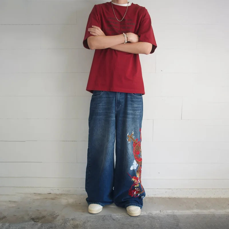 Y2K baggy Jeans Dragon Graffiti Embroidery High Waist Men Women Vintage Streetwear 2000s Harajuku Casual Loose Wide Leg Jeans