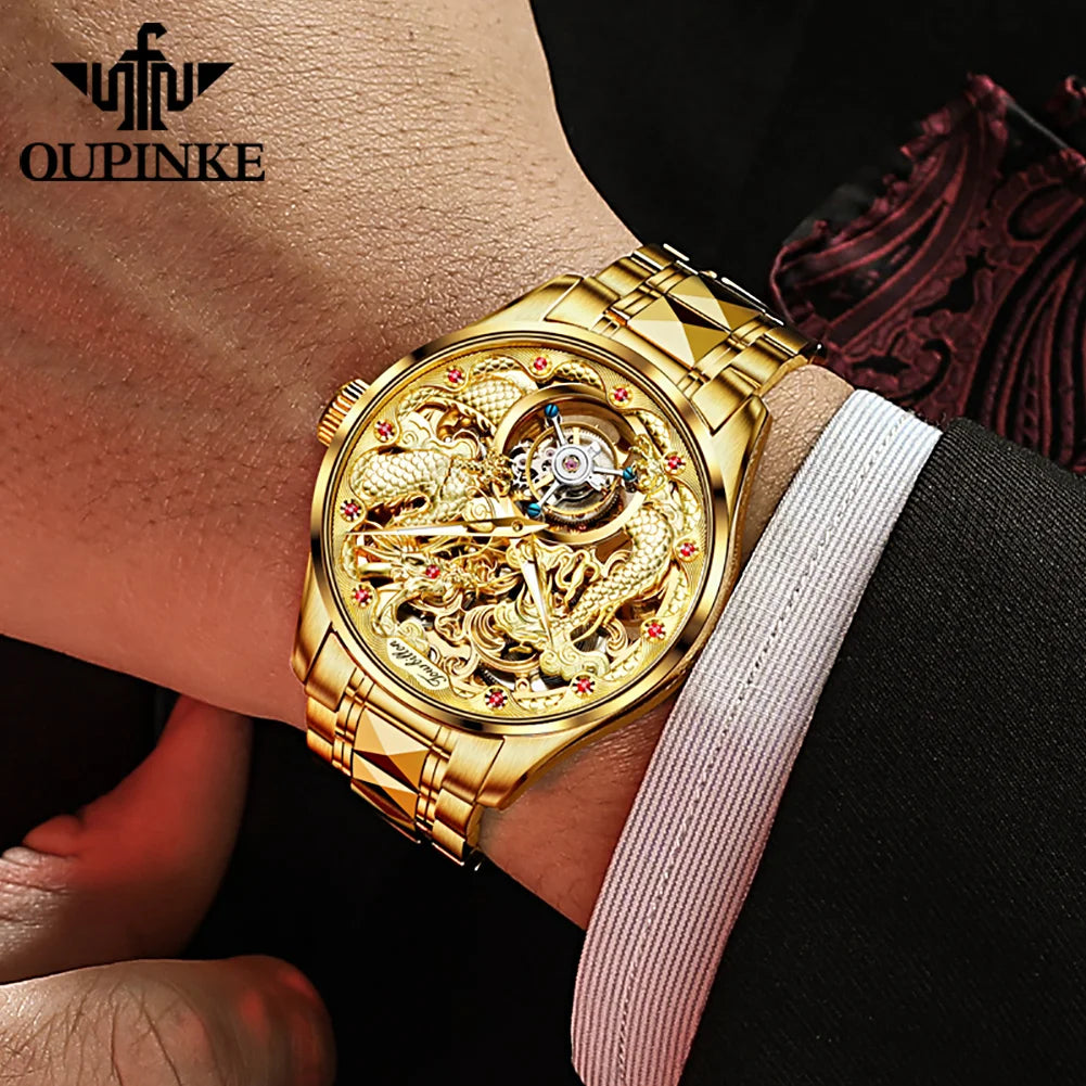 100% Golden Dragon OUPINKE 3176 True Tourbillon Watch Brand Luxury Tungsten Steel Men Automatic Mechanical Watch Reloj Hombre