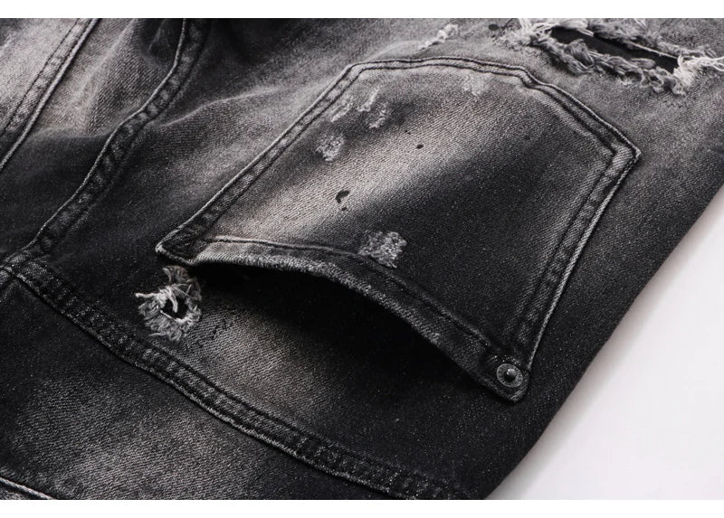 Street Fashion Men Jeans Retro Black Gray Elastic Stretch Slim Fit Hole Ripped Jeans Men Patched Designer Hip Hop Brand Pants