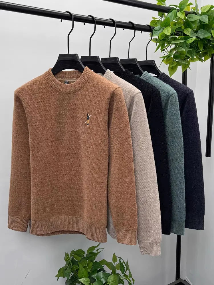 High quality men's round neck knitted sweater autumn winter new Korean style fashion cartoon embroidery thick casual pullover
