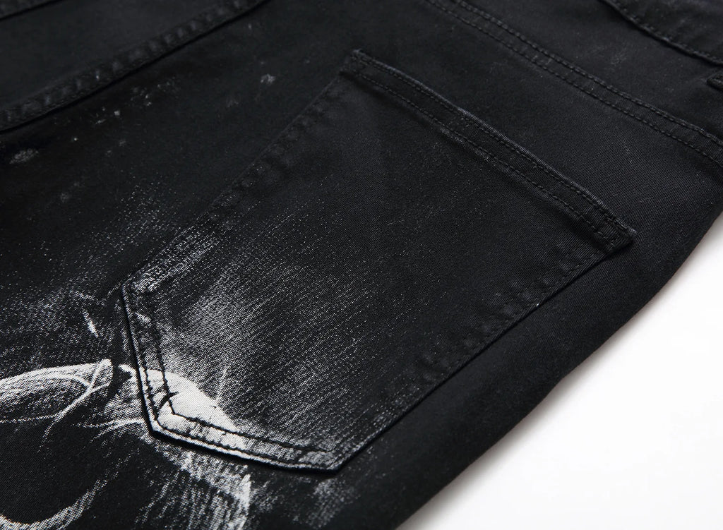 2026 Men's Blue 3D Printing Jeans, Black Wolf Pattern Printed Punk Straight Cotton Casual Print Denim Pants Asian Size 28-42