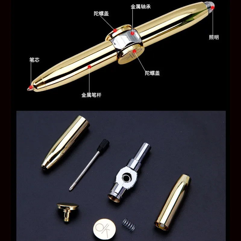 Multi-Functional Gyro Pen Decompression Finger Rotation Toy Fidget Spinner LED Light Ballpoint Pen Metal Gyro Pen Gift