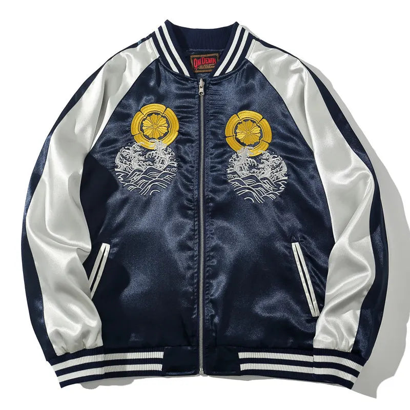 Japanese Sukajan Koi Fish Embroidered Satin Bomber Jacket Wave Print Varsity Jacket Men's and Women's Baseball Jackets