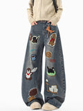 Hip Hop Cartoon Graffiti Graphic Appliques Baggy Jean Man Casual Embroidered Straight Wide-Leg Denim Pants Y2K Streetwear Jeans
