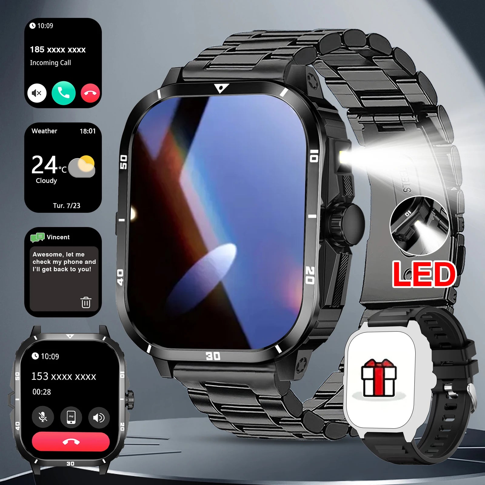 Smart watch, full touchscreen sports watch, Bluetooth calling, with flashlight, unisex, compatible with Android and iPhone.