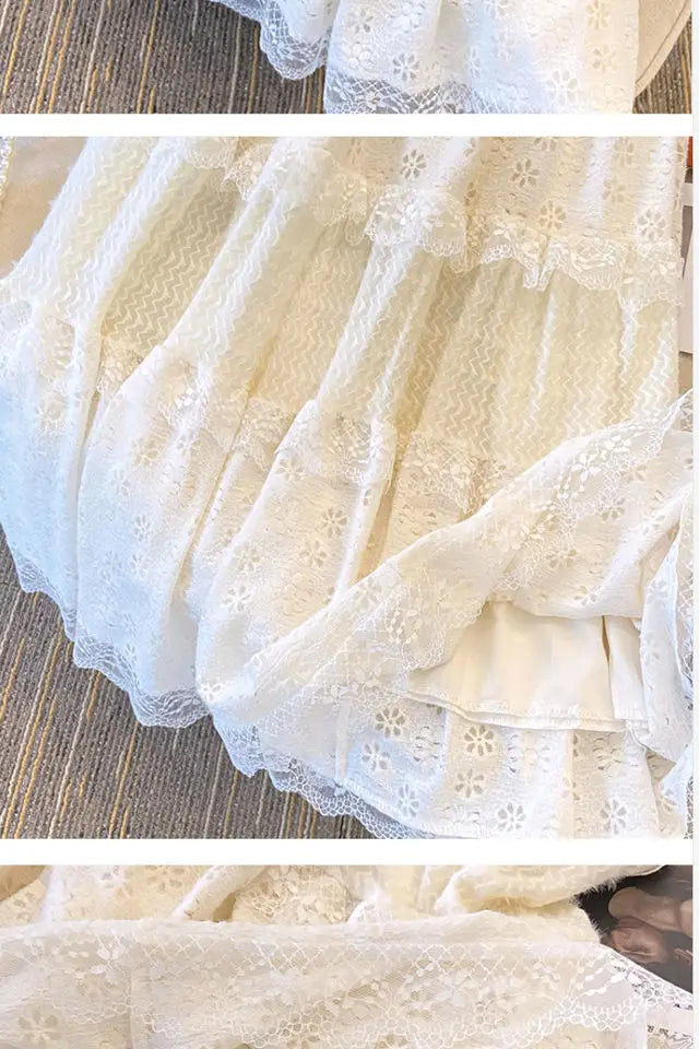 Lace Skirts Women French Style Ankle-length High Elastic Waist Hollow Out Patchwork New Loose Slim Korean  A-line Sweet Fit