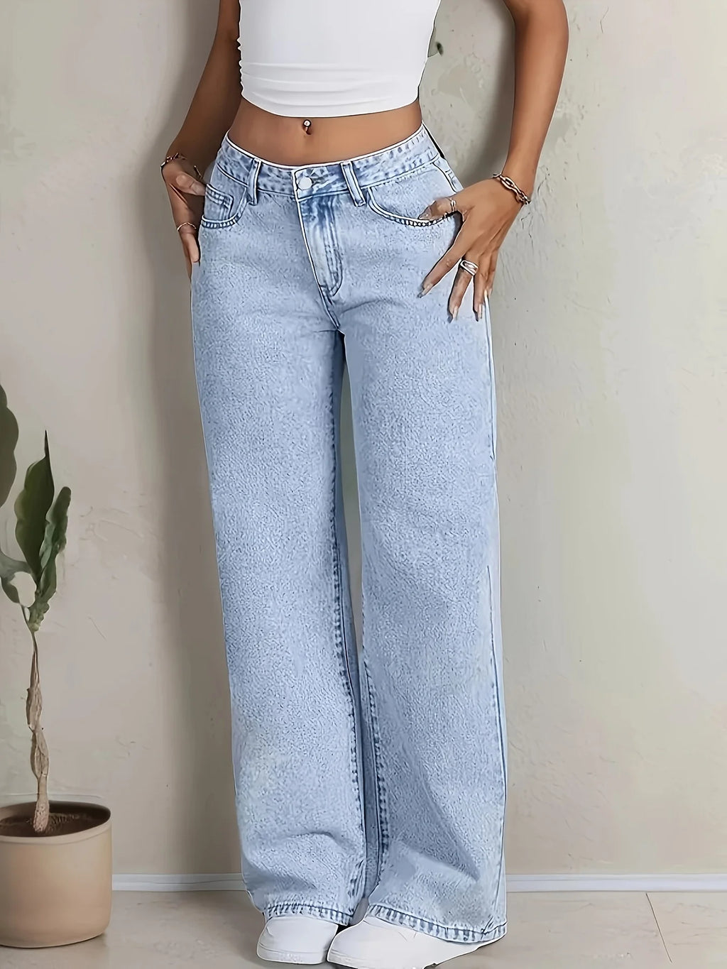 Casual, simple, cute, and sweet jeans for girls, featuring pink bow embroidery and washed denim, suitable for vacation wear.