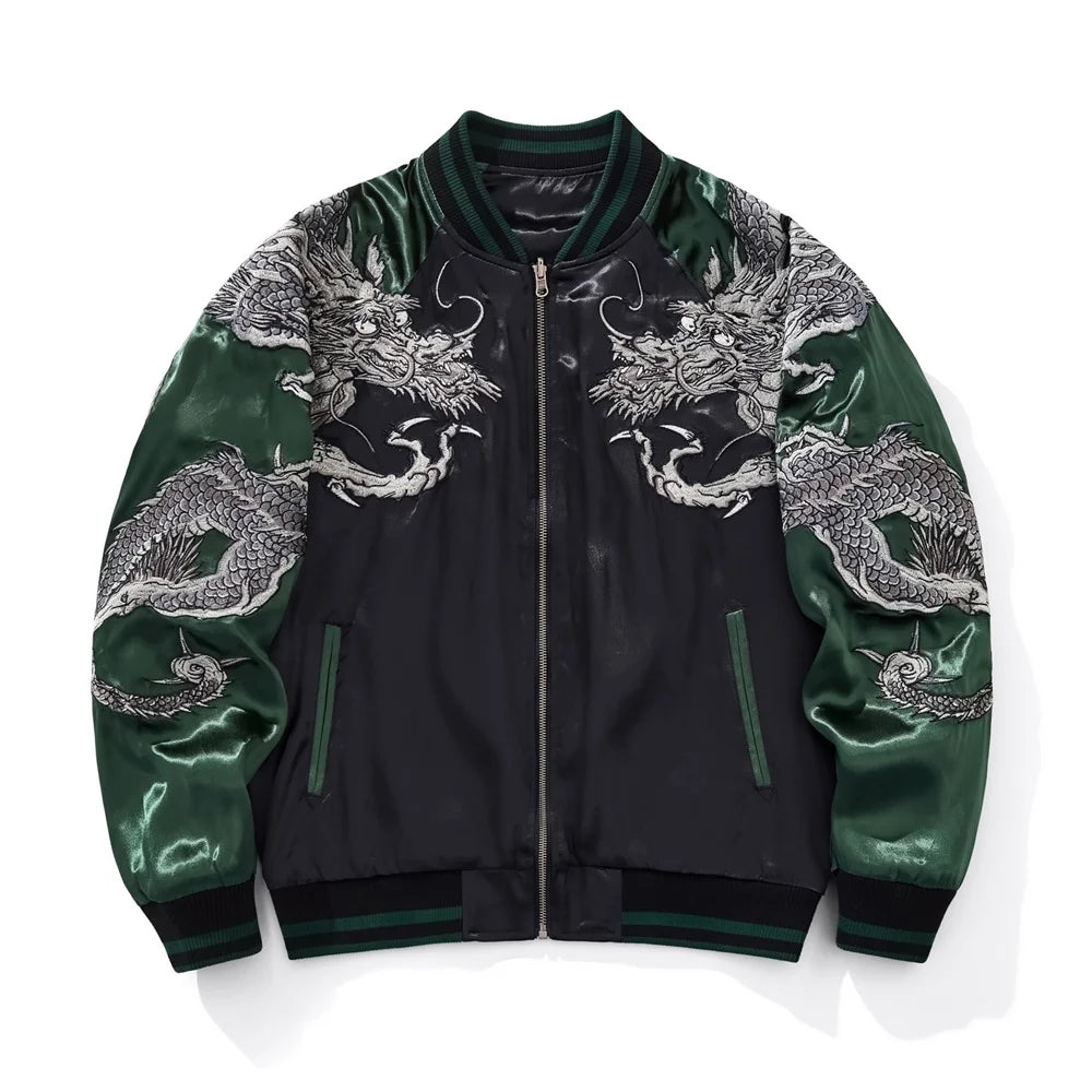 Harajuku Yokosuka Dragon Embroidered Jacket Autumn Street Hip Hop Men's Green Sleeve Japanese Coat